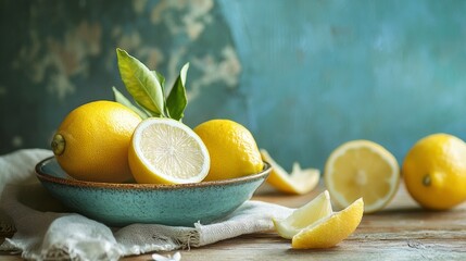 Poster - Fresh lemons with leaves in rustic bowl on textured background