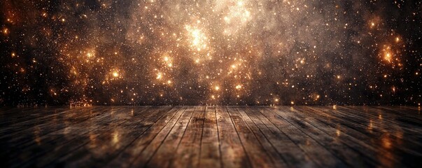 Poster - A Sparkling Night Sky Over a Wooden Floor with Glimmering Stars and Cosmic Dust for Creative Backgrounds and Artistic Presentations