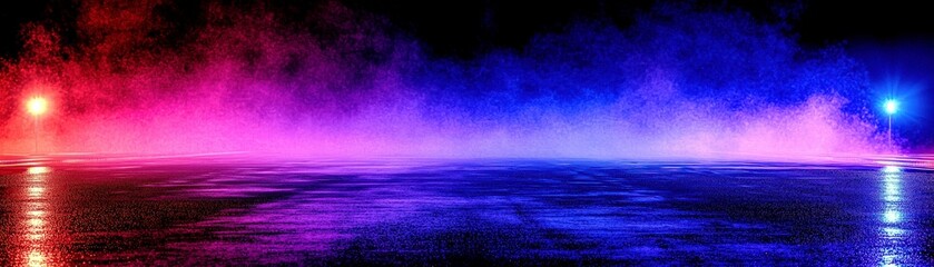 Poster - Vibrant Colorful Lighting with Mist and Reflection on Wet Surface in a Dark Environment Ideal for Modern Art or Creative Background Designs