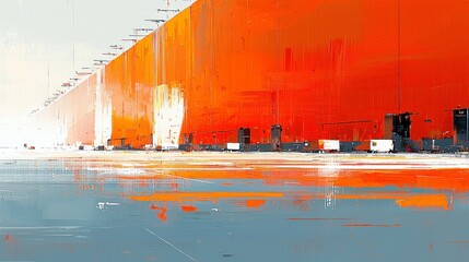 Poster - Abstract Industrial Landscape with Vibrant Orange Wall and Trucks Under Bright Light Capturing the Essence of Modern Transportation and Logistics Environment