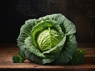 Fresh green cabbage on a rustic wooden table with dark background captured in natural light