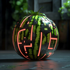 Wall Mural - a futuristic watermelon with glowing red lines on its exterior, set against a dark background with g