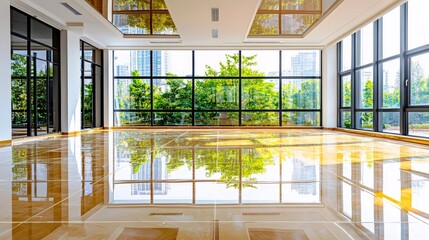 Poster - Spacious contemporary room with large windows showcasing vibrant greenery and reflecting polished floor, ideal for modern interior design concepts and real estate showcases.
