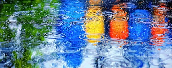 Poster - Colorful Reflections in Rain-Drenched Water with Vibrant Hues and Circular Ripples Creating a Serene and Artistic Atmosphere in a Natural Setting