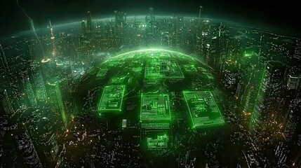 Poster - Futuristic Cityscape with Green Light Effects and Digital Circuit Patterns Depicting Advanced Technology and Urban Development in a Vibrant Sci-Fi Setting