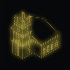 Poster - Glowing yellow line art illustration of a church building viewed isometrically