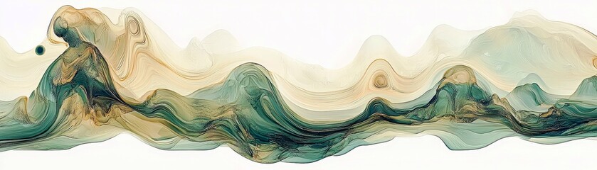 Poster - Abstract watercolor waves with natural tones of teal and beige flowing gracefully across a white background, evoking serenity and artistic elegance for creative projects.