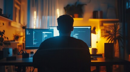 A wide angle back view of a man operating a computer in a home office with a copy area and a modern, tech-filled interior
