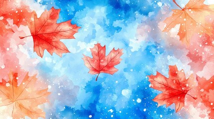Poster - Vibrant Watercolor Background with Floating Autumn Leaves on a Blue and Orange Abstract Canvas, Perfect for Seasonal Designs and Autumn Themes
