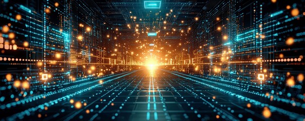 Poster - Abstract Digital Landscape with Glowing Particles and Light Beams Representing Data Flow and Connectivity in a Futuristic Cyber Environment