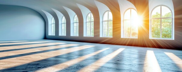 Poster - Bright and Spacious Interior of Empty Room with Arched Windows Allowing Natural Light and Sound Reflections Creating a Serene Atmosphere for Various Spaces