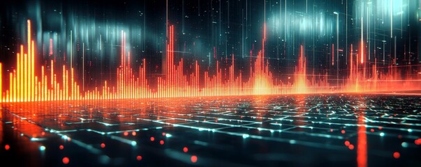 Poster - Abstract digital sound wave visualization with vibrant red and orange peaks against a dark futuristic background representing music audio data and technology