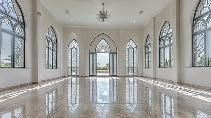Poster - Spacious and Elegant Interior of a Modern Hall with Arched Windows and Marble Flooring, Illuminated by Natural Light, Ideal for Events and Gatherings