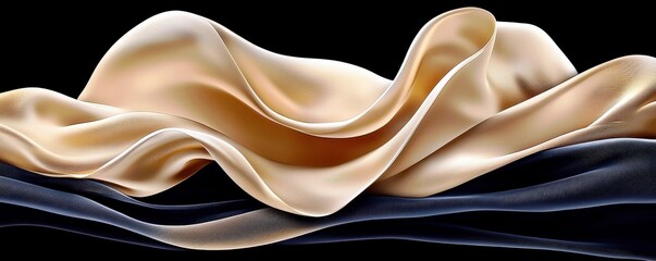 Poster - Flowing Fabric in Elegant Waves of Cream and Dark Tones Against a Black Background, Capturing Softness and Movement in a Stylish Abstract Composition