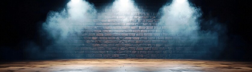 Poster - Dramatic Stage Lighting with Glowing Beams and Fog Over Mysterious Brick Wall in a Studio Setup for Performance, Theater, or Photography Backgrounds