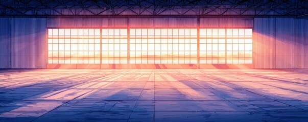 Poster - Vibrant Sunset Light Illuminating a Spacious Industrial Warehouse Interior with Colorful Reflections on the Floor and Expansive Windows