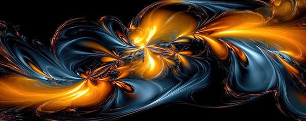 Poster - Abstract Fractal Pattern in Vibrant Blue and Orange Swirls on Dark Background Representing Dynamic Flow and Energy in Modern Art Design