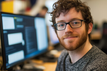 Poster - A cheerful young man focuses on his work at a computer desk, showcasing a collaborative and productive office ambiance