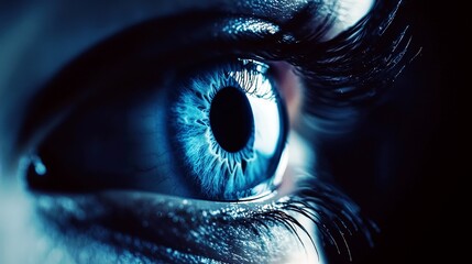 Poster - Close-Up of a Striking Blue Eye with Intricate Iris Patterns and Long Lashes Capturing Light in a Dark Setting for Artistic and Eye-Catching Imagery