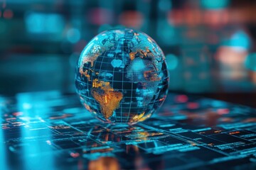 Fototapete - A glowing globe highlighting continents and data on a futuristic table in a dimly lit room