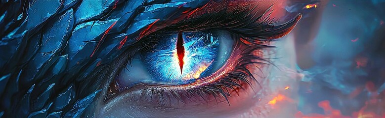 Poster - Intricate Close-Up of an Enigmatic Eye Featuring Luminous Blue Iris and Striking Red Accents Against a Mysterious Textured Background