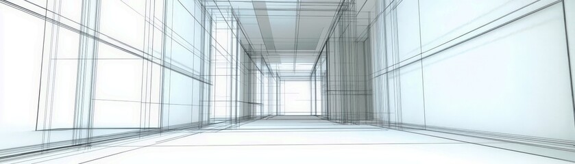 Poster - Modern Architectural Perspective of a Minimalist Hallway with Abstract Linear Design, Emphasizing Space, Light, and Clean Aesthetics in Contemporary Interior