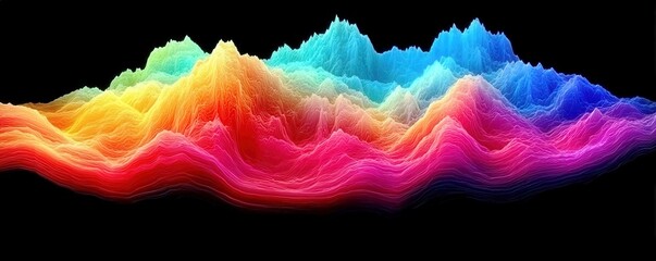 Poster - Vibrant Abstract Waveform Landscape in Bright Rainbow Colors Against a Deep Black Background, Ideal for Digital Art and Creative Projects