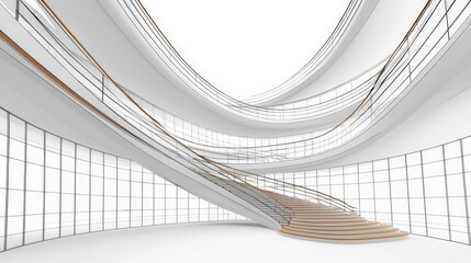 Poster - Elegant Curved Staircase in Modern Minimalist Architectural Space with Glass Walls and Soft Natural Light Enhancing Contemporary Design Aesthetics