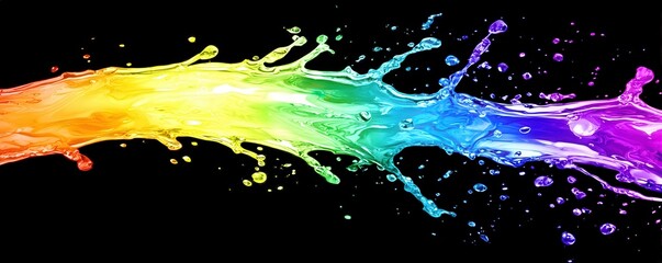 Poster - Vibrant Rainbow Splash of Water in Motion with a Black Background Capturing the Beauty of Colorful Liquid Dynamics and Artistic Expression