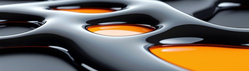Poster - Abstract close-up of sleek black and vibrant orange liquid pooling together, creating an artistic fluid texture with captivating reflections and organic shapes.