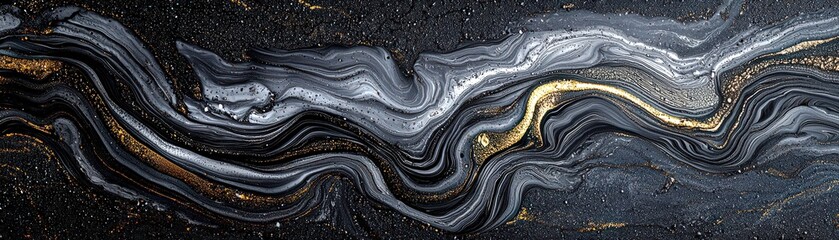 Poster - Abstract Fluid Art with Swirling Patterns of Black, White, and Gold, Capturing the Intricate Beauty of Modern Artistic Expression and Creativity