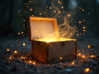 Poster - A wooden treasure chest, overflowing with an inner light, surrounded by sparkling embers.