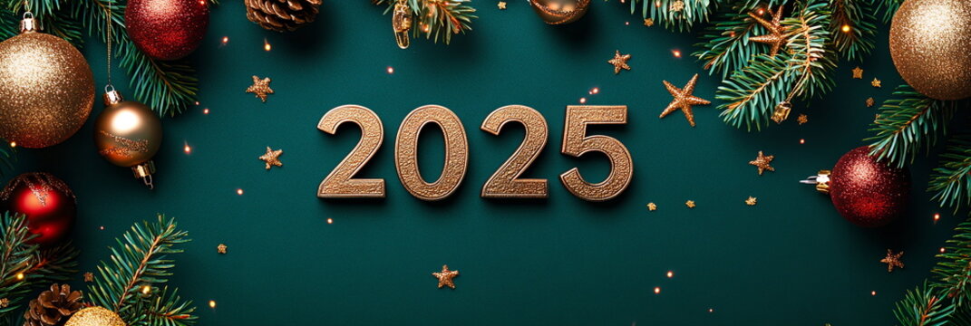 Bronze numbers 2025 on a deep forest green background with tiny twinkling lights, surrounded by gold leaves, stars, and festive ornaments. Wide horizontal banner