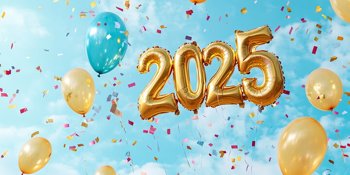 Gold balloon numbers 2025 floating against a pastel blue sky backdrop with soft clouds and confetti, symbolizing lightness and celebration. Wide horizontal banner