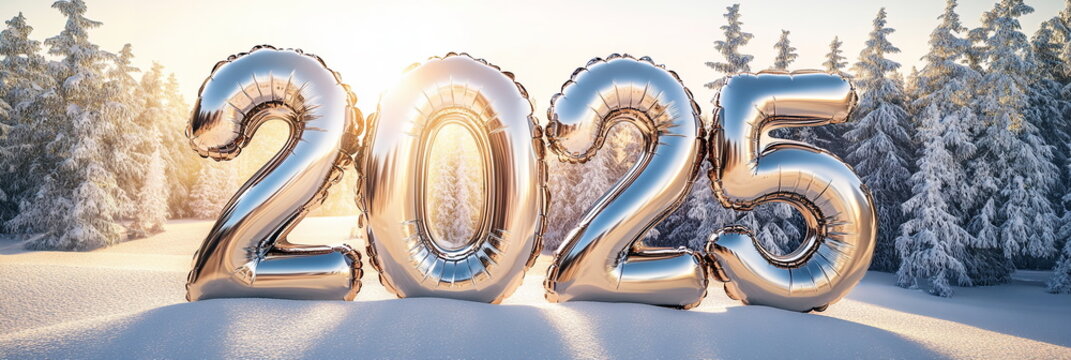 Numbers 2025 made out of chrome helium balloons, on a bright sunlit winter day background with snow-covered trees Christmas and New Year wide horizontal banner