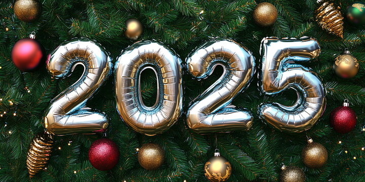 Numbers 2025 made out of chrome helium balloons, on a festive Christmas tree background with ornaments Christmas and New Year wide horizontal banner