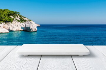 Aufkleber - This wooden table top is set against the backdrop of a sandy beach, a bright sky, and a cloud for a job showing or product display.