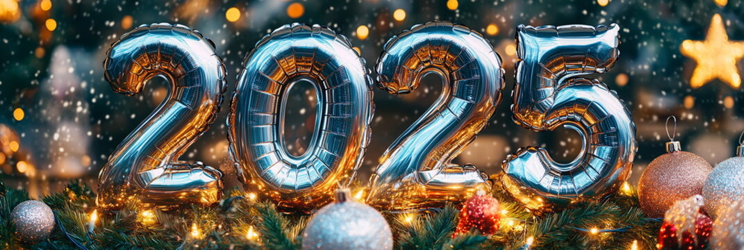Numbers 2025 made out of chrome helium balloons, on a festive outdoor market background filled with lights and holiday decorations Christmas and New Year wide horizontal banner