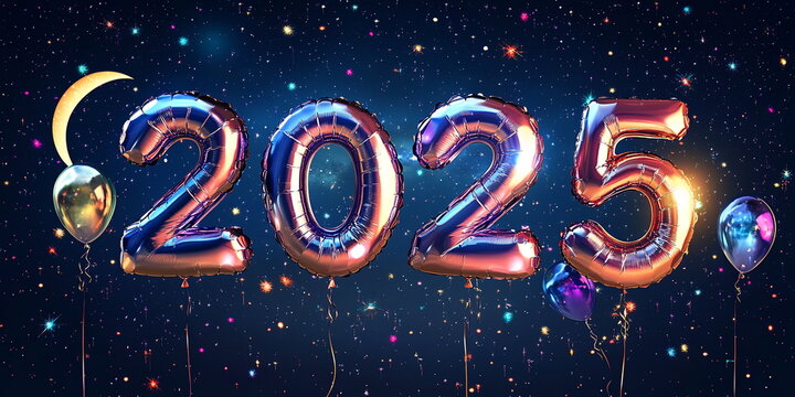 Numbers 2025 made out of chrome helium balloons, on a starry night sky background with a crescent moon Christmas and New Year wide horizontal banner
