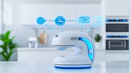 Poster - Modern Kitchen with High-Tech Kitchen Appliances, Infographics Show Various Data and Information. Digitalization, Visualization of Home Electronics Devices.