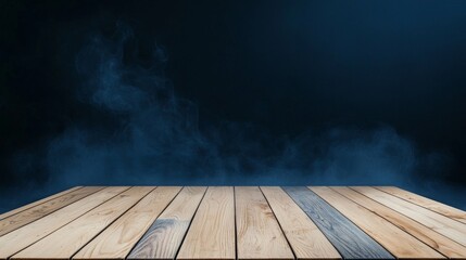 Wall Mural - On a dark background, a wooden table is covered with smoke and fog