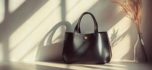 Poster - Black leather tote bag in sunlight with a vase and pampas grass.