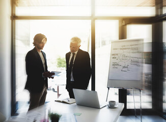 Poster - Teamwork, tablet and planning with business people in meeting for financial, review and company valuation. Investment report, asset management and budget portfolio with employees in finance office