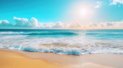 Aufkleber - Golden sand beach with turquoise water and blue sky meeting at the horizon