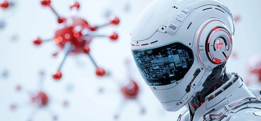 Poster - robot working on tablet to diagnose patient with technology hologram, data network connection backgr