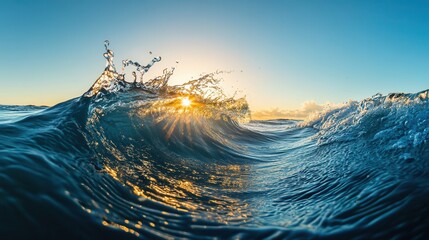 Poster - Perfect ocean wave splashing at sunrise with golden light: