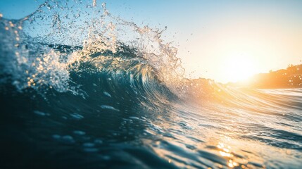 Aufkleber - Perfect ocean wave breaking at sunrise with splashing water