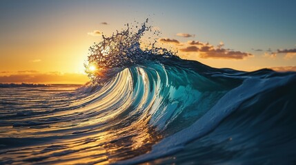 Poster - Majestic ocean wave crashing at sunrise with golden light
