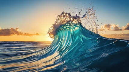 Poster - Turquoise ocean wave breaking at sunset with golden light reflecting on water surface