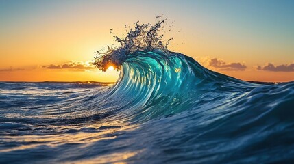 Aufkleber - Majestic ocean wave crashing at sunrise with golden light
